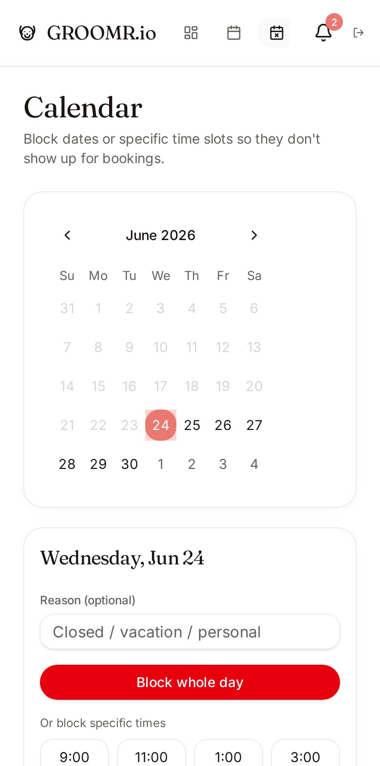Admin calendar dashboard