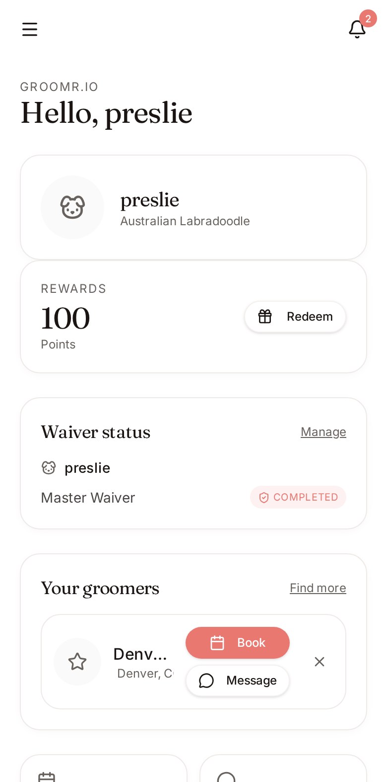 Groomr user app home
